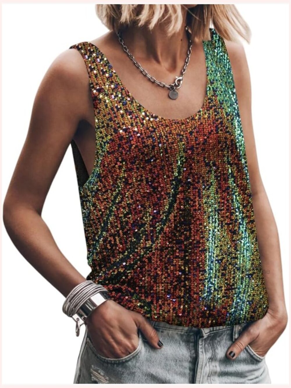 Sleeveless Sequin Scoop Neck Tank Top Sparkly Shimmer Summer Blouse